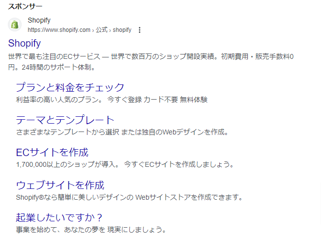 Shopify公式サイトのリスティング広告の例。検索結果の最上部や、少しスクロールした一などに「スポンサー」という表示とともに表示される