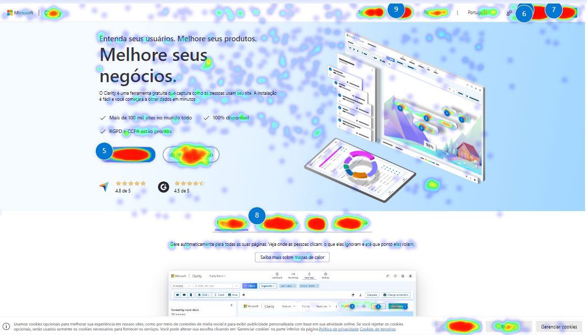 Microsoftが提供する無料ヒートマップツール「Clarity」の画面。頻繁にクリックされているところが赤くなっている