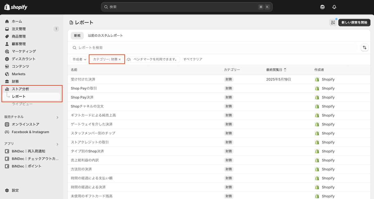 Shopifyのストア分析画面
