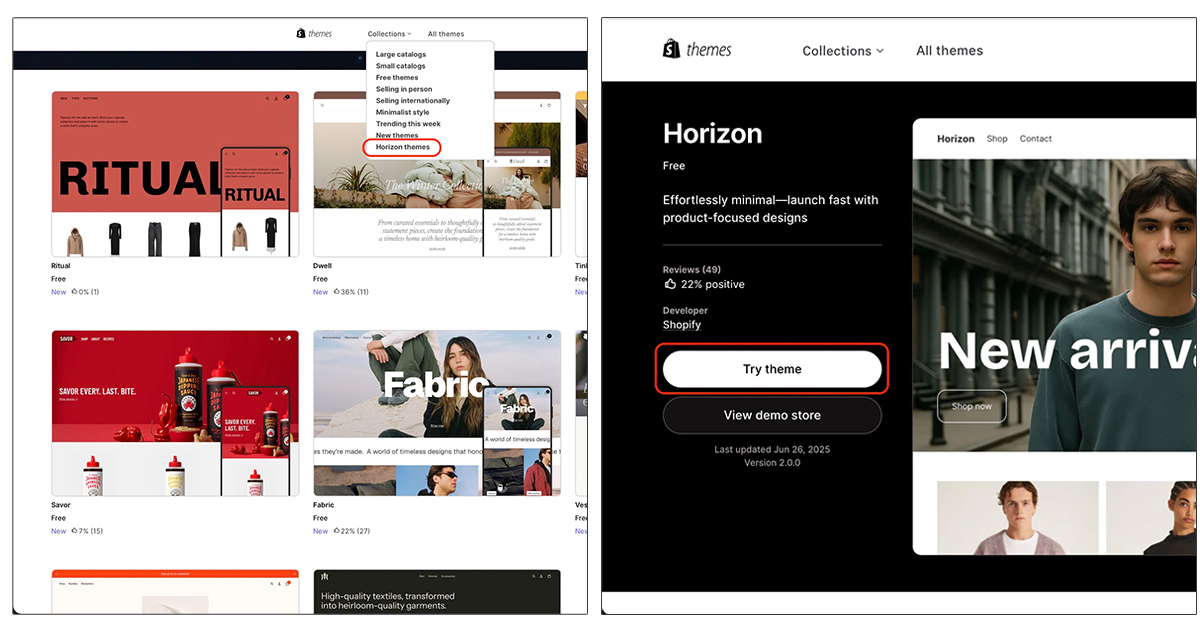 ここではテーマ自体の名称がHorizonというものを選択してみた。Try themeをクリックすると、自分のECサイトにこのテーマを組み込むことができる