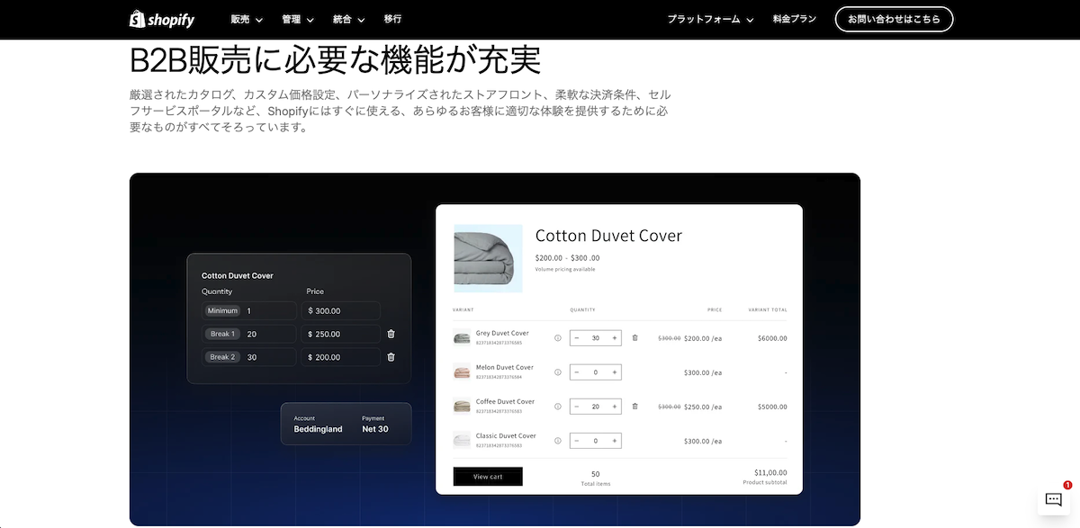 Shopify PlusプランのBtoB機能。Shopifyをすでに利用していれば、PlusにアップグレードすることでBtoBの販売が可能になる。