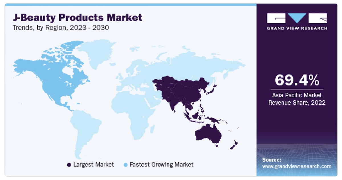 2022年のJ-Beauty製品の最大マーケット（69.4%を占める濃紺で示されたアジア太平洋地域）と急速に拡大しているマーケット（薄い水色）を表した地図（Grand View Researchによる）