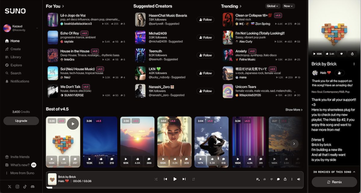 無料プランでも1日あたり５回、10曲まで音楽を作ることができるSunoのトップページには、同サービスを使って生成された楽曲が世界中からアップロードされている