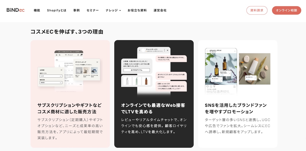 BiNDec コスメの機能の一例。コスメ、美容、ヘルスケア関連ECへの深い理解に基づいてビジネスの成長を支える