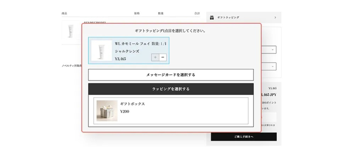 「BiNDecコスメ」のギフトオプション。選べるラッピングのオプションや、宛先不要で贈れるe-ギフトにも対応。